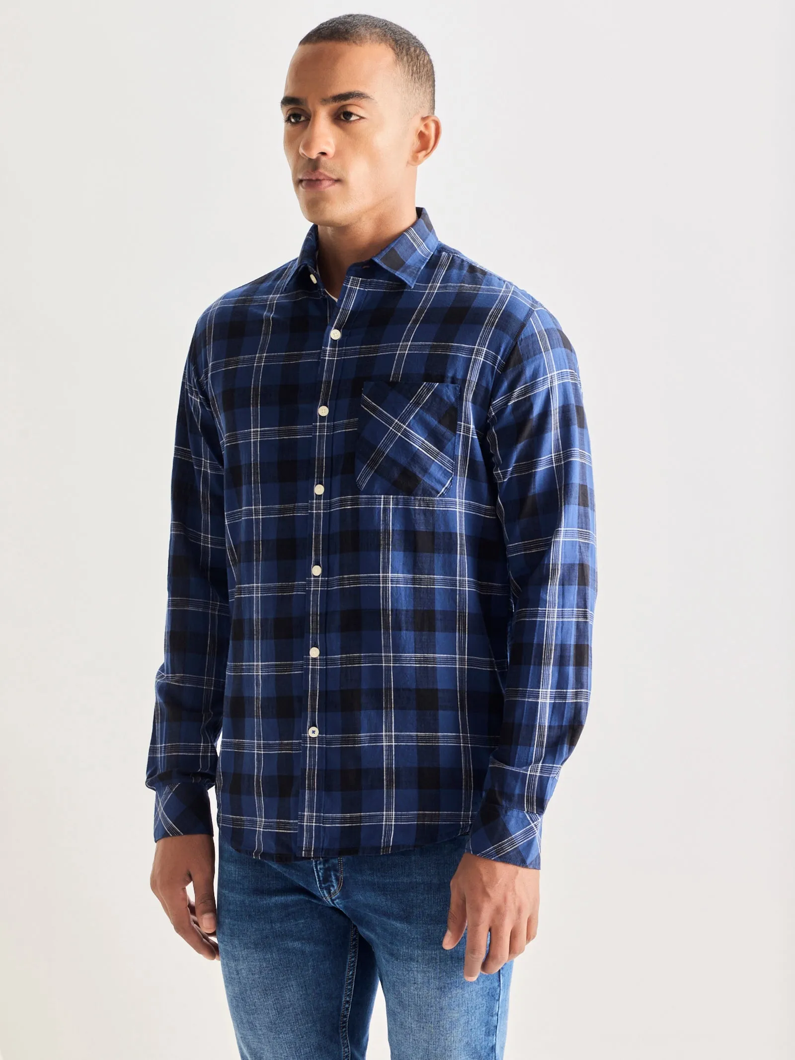 Blue Pure Cotton Checked Shirt