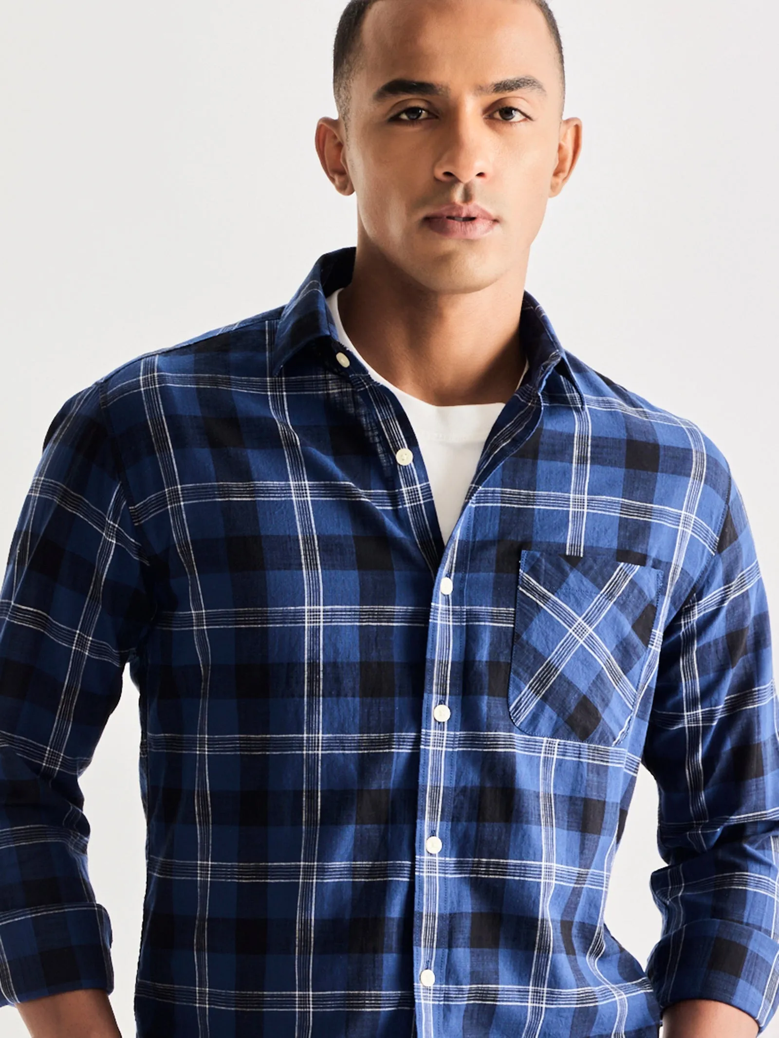 Blue Pure Cotton Checked Shirt