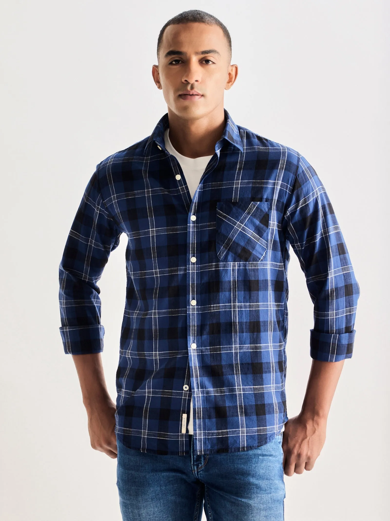 Blue Pure Cotton Checked Shirt