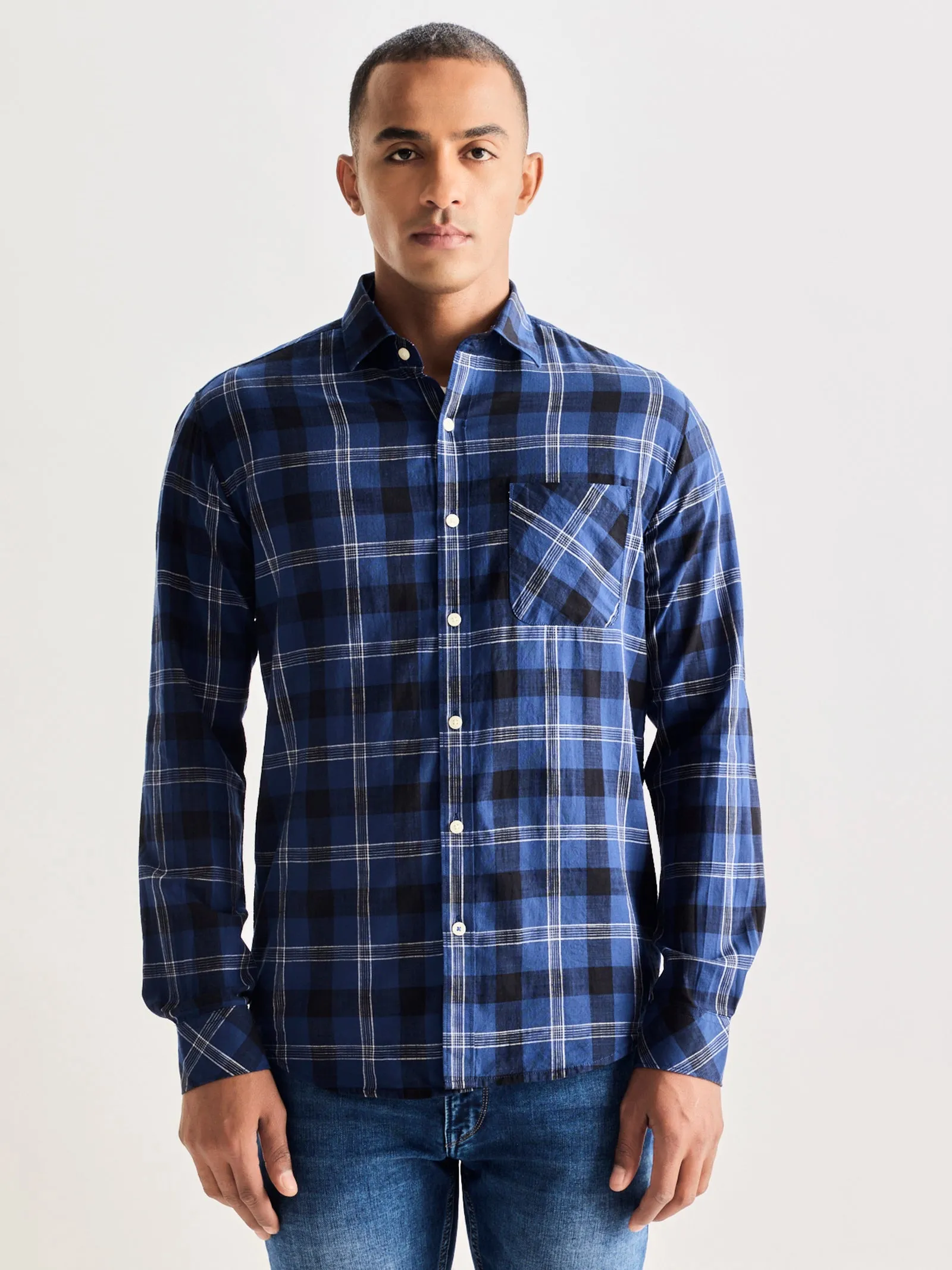 Blue Pure Cotton Checked Shirt