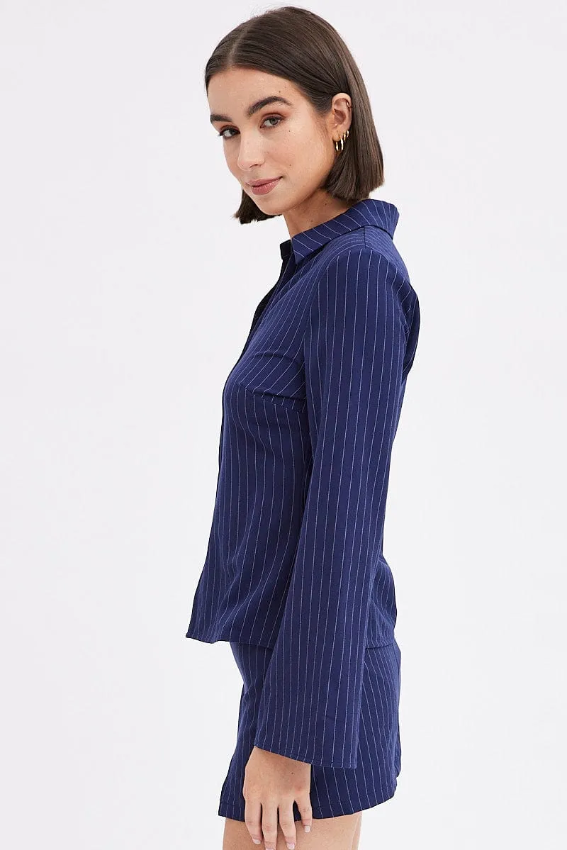 Blue Stripe Shirt Long Sleeve Collared Hook & Eye