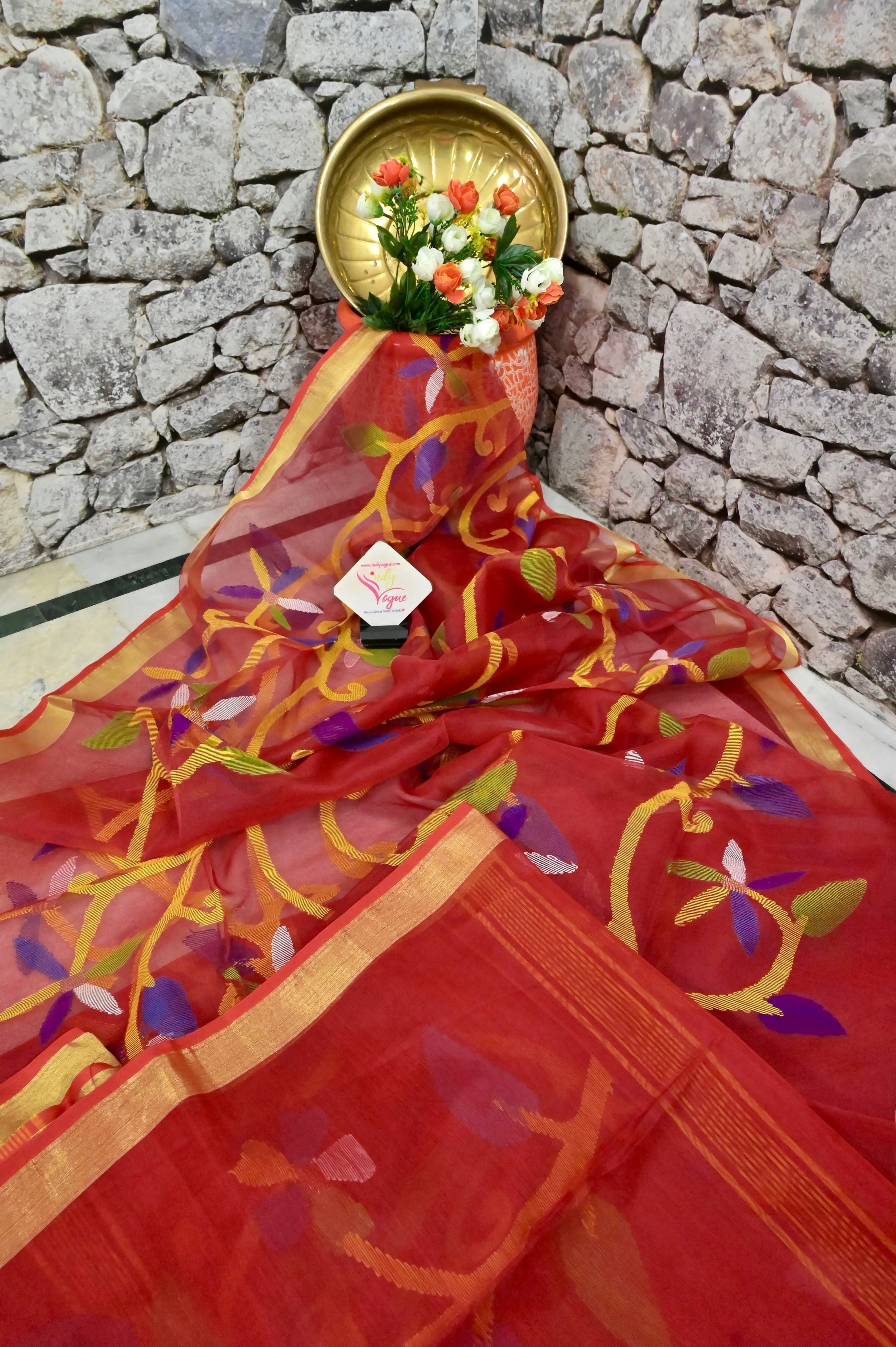 Brick Red Color Muslin Jamdani Saree with Allover Jamdani Weaving