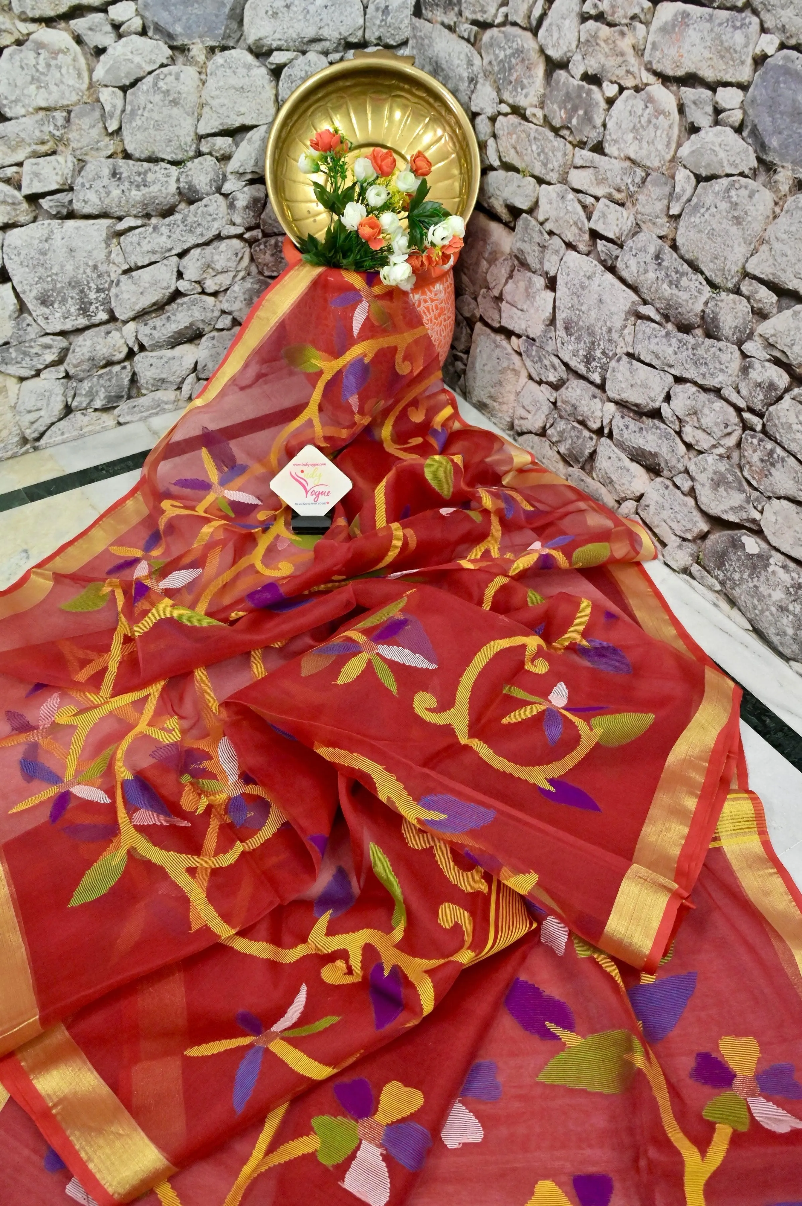 Brick Red Color Muslin Jamdani Saree with Allover Jamdani Weaving