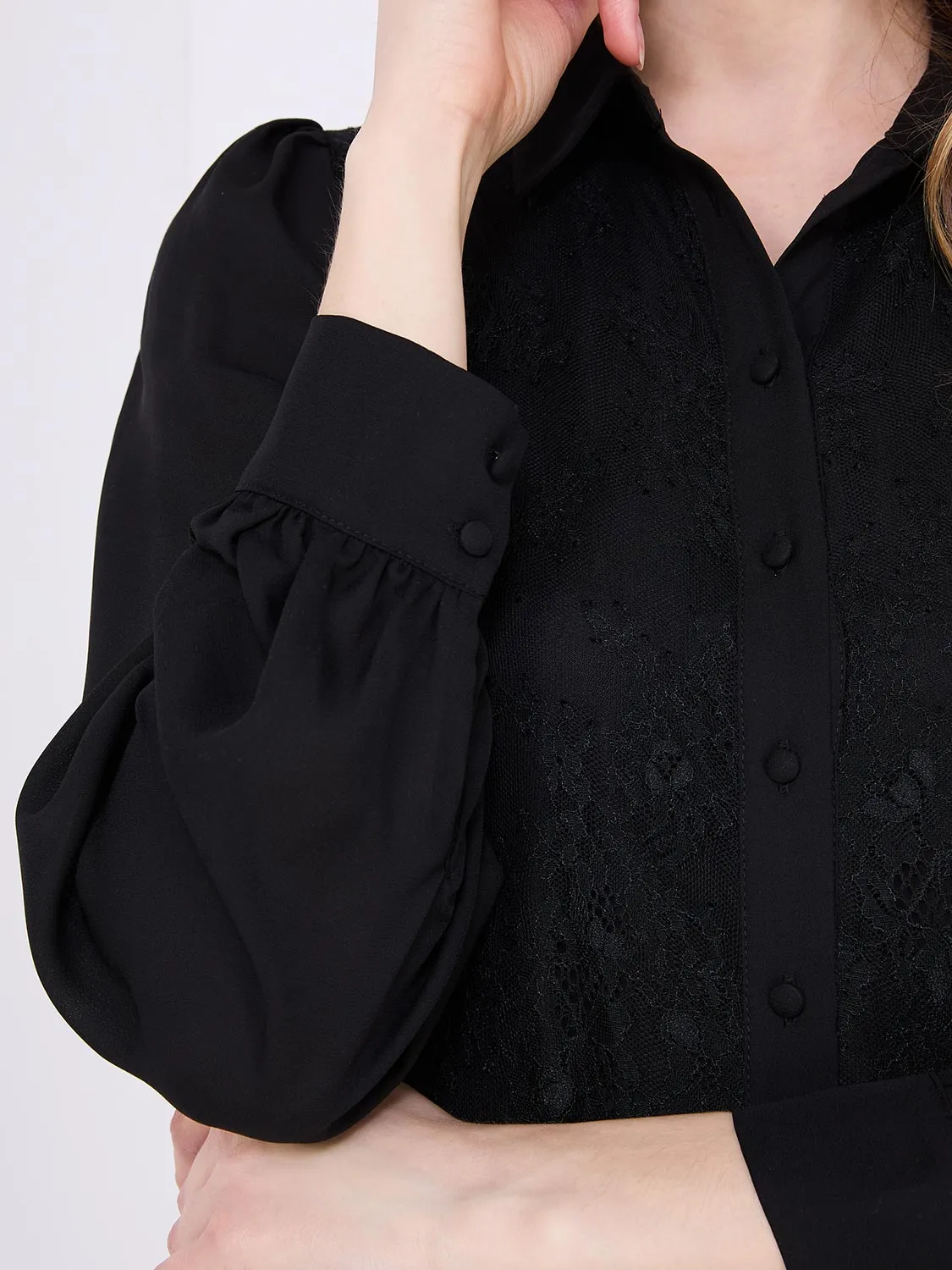 Chiffon Lace Button-Front Blouse