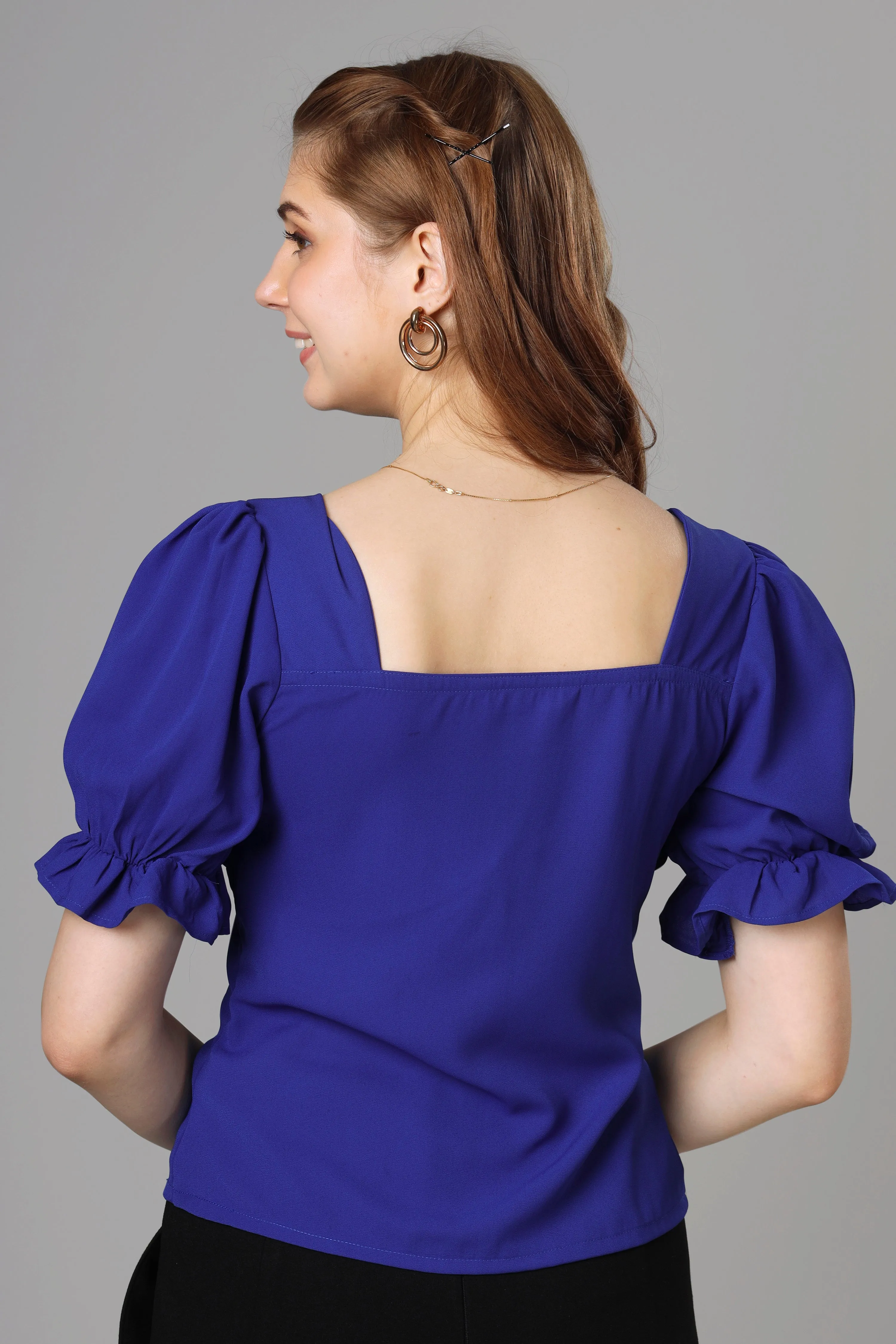 Classic Blue Half Pleated Top For Women