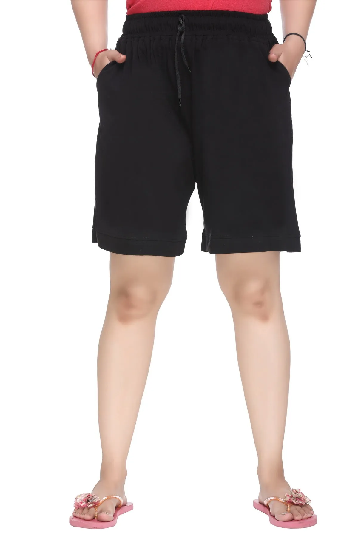 Cotton Shorts For Women - Plain Bermuda Combo (Black & Teal Blue)