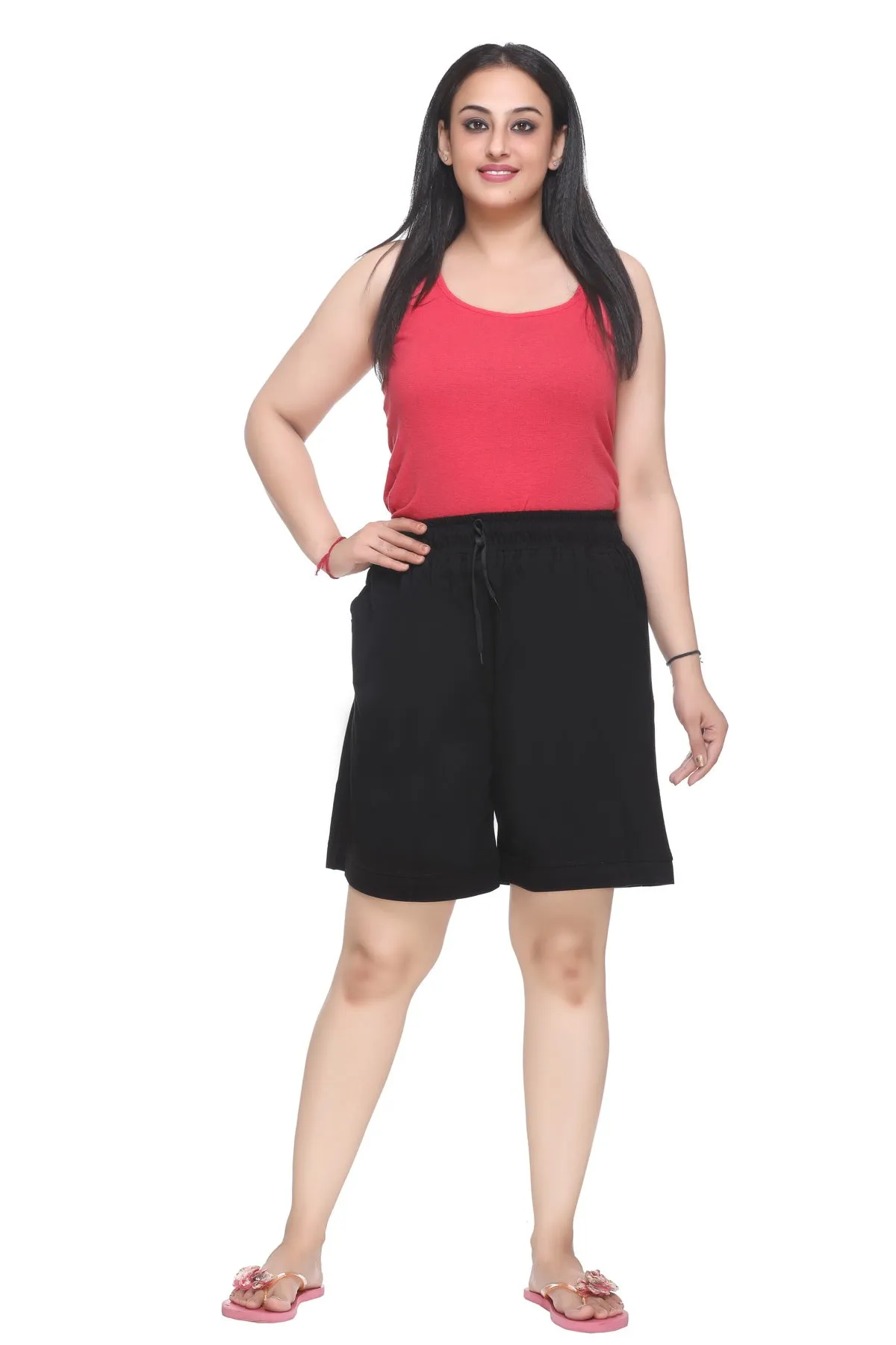 Cotton Shorts For Women - Plain Bermuda Combo (Black & Teal Blue)