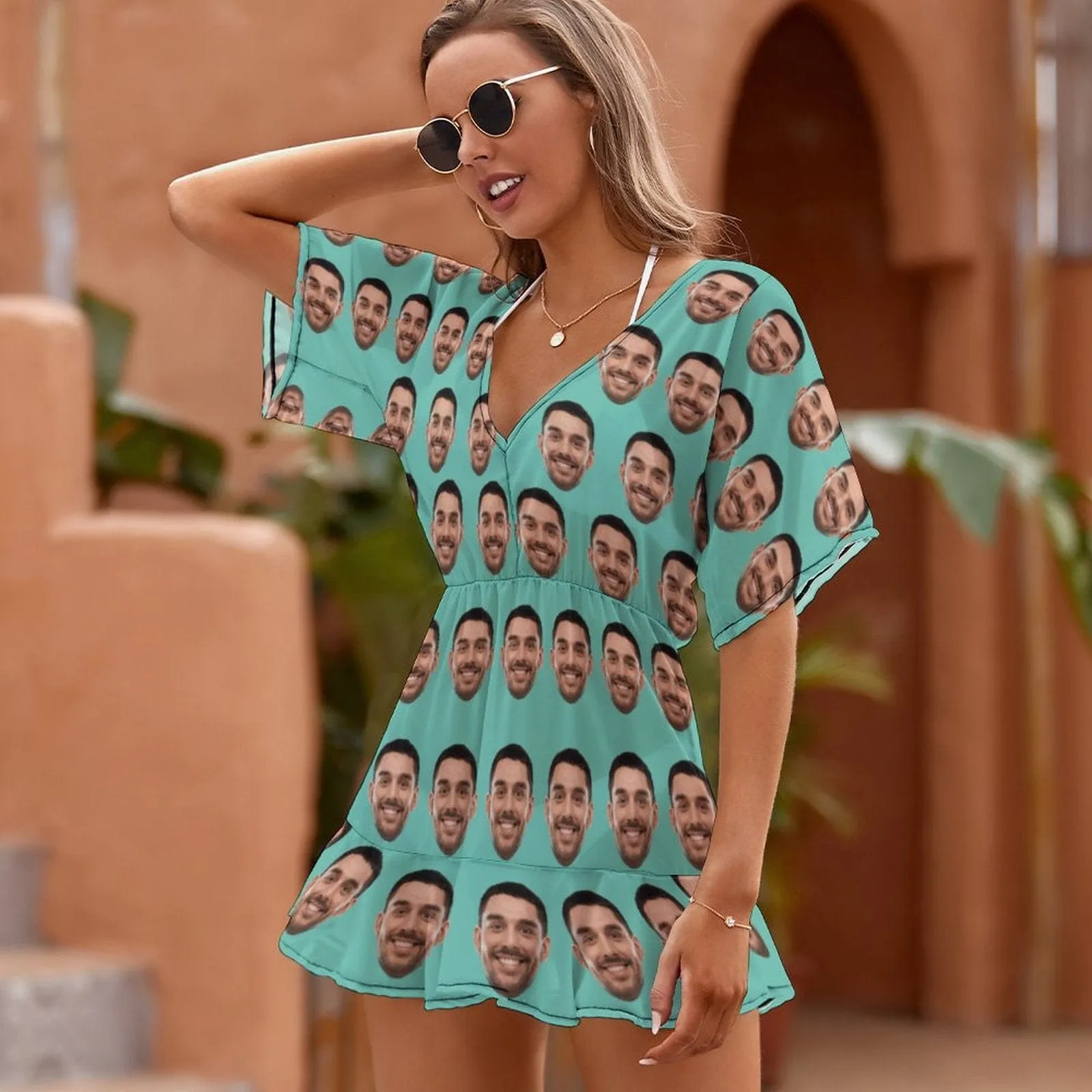 Custom Face Multicolor One Piece Cover Up Dress Personalized Women's Short Sleeve Beachwear Coverups