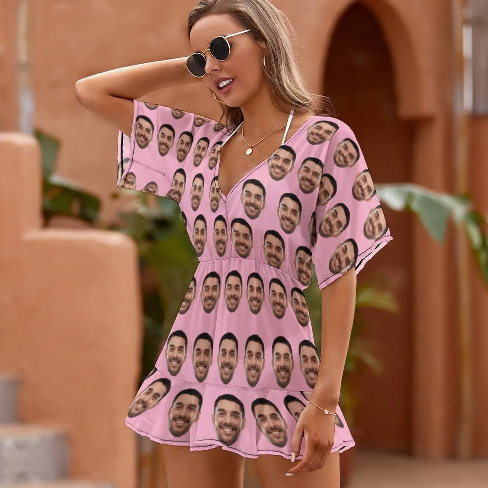 Custom Face Multicolor One Piece Cover Up Dress Personalized Women's Short Sleeve Beachwear Coverups