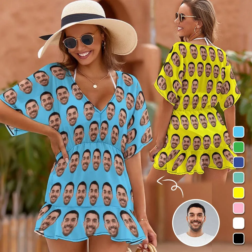 Custom Face Multicolor One Piece Cover Up Dress Personalized Women's Short Sleeve Beachwear Coverups