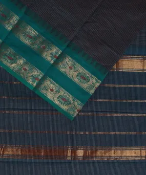 Cyan blue small check cyan green cotton handwoven chettinadu saree