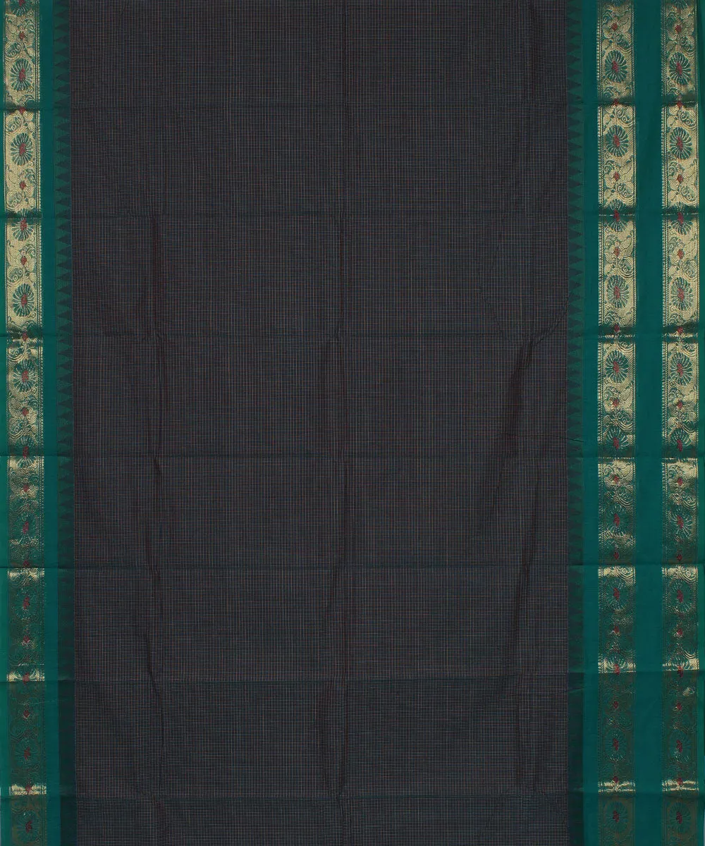 Cyan blue small check cyan green cotton handwoven chettinadu saree