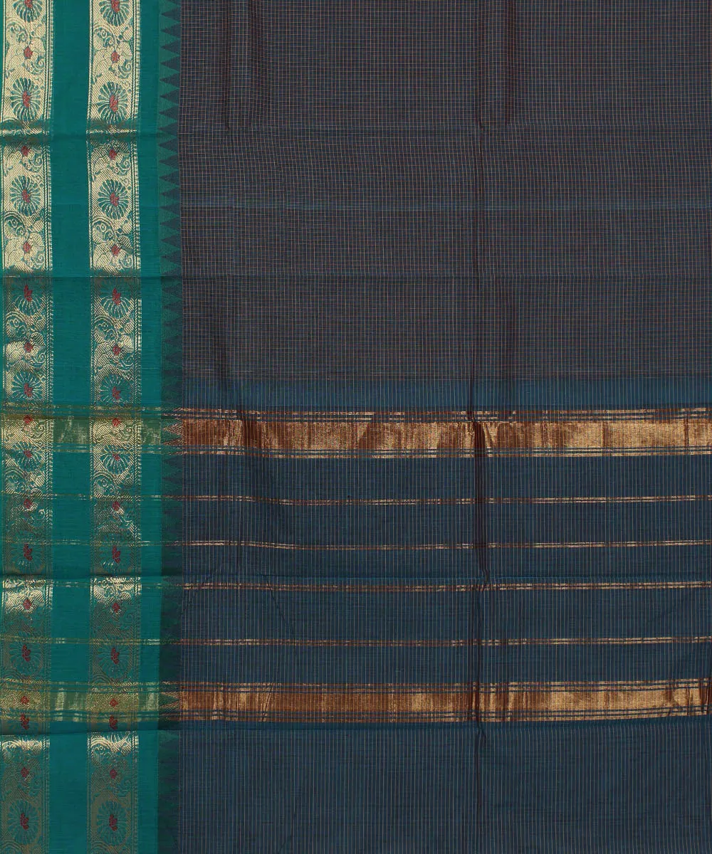 Cyan blue small check cyan green cotton handwoven chettinadu saree