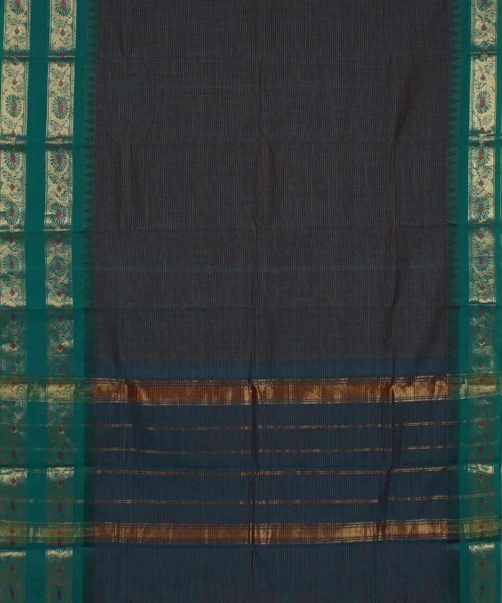 Cyan blue small check cyan green cotton handwoven chettinadu saree