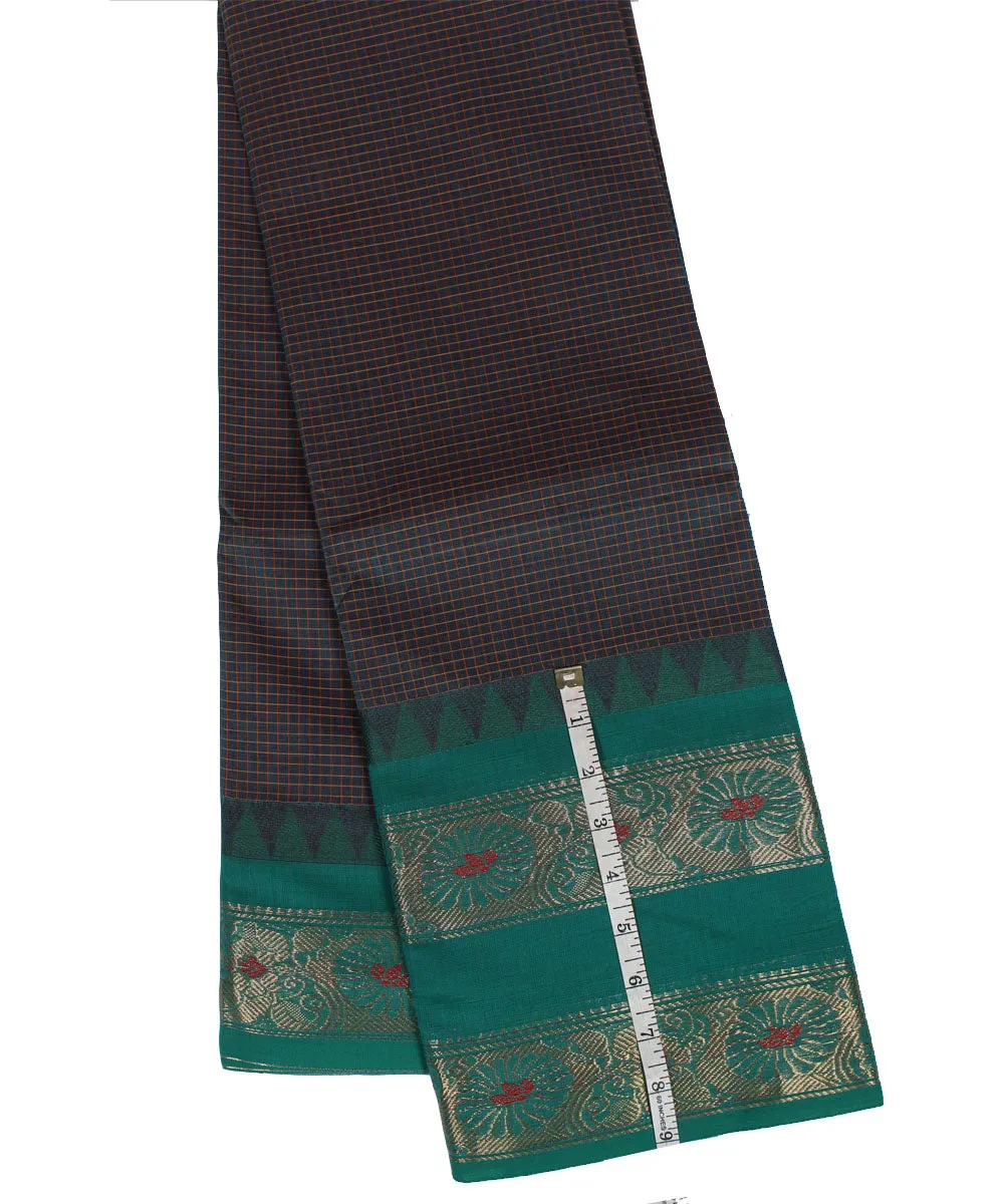 Cyan blue small check cyan green cotton handwoven chettinadu saree