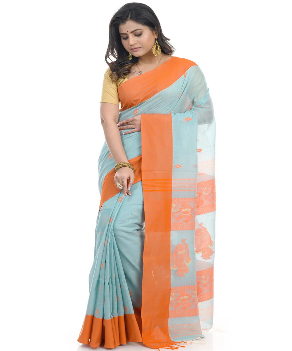 Cyan green handwoven cotton shantipuri saree