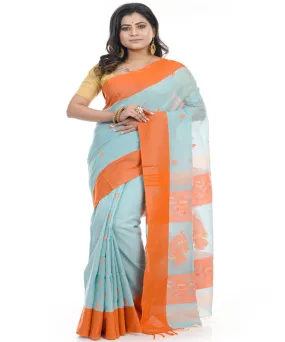 Cyan green handwoven cotton shantipuri saree