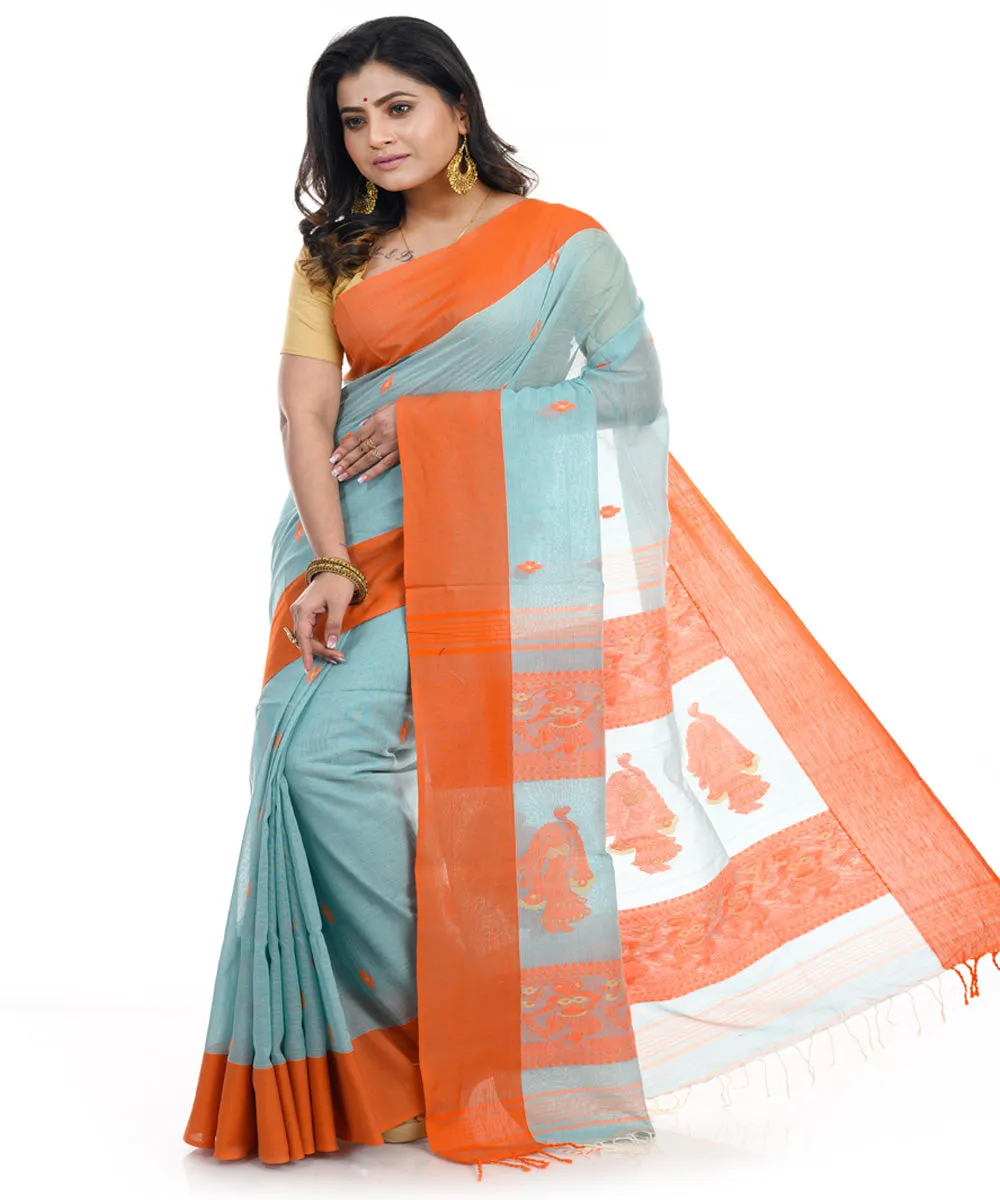 Cyan green handwoven cotton shantipuri saree