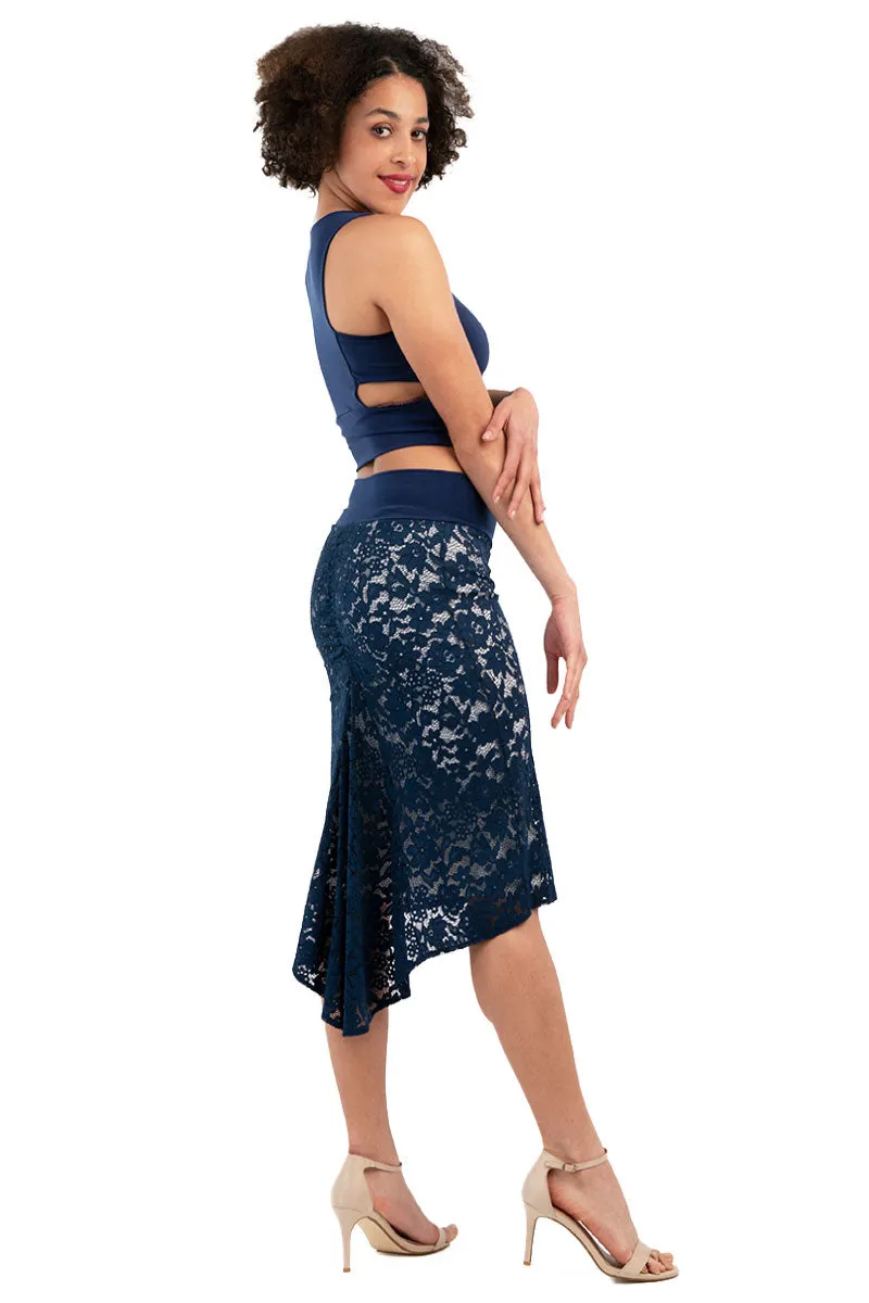 Dark Blue Floral Lace Fishtail Skirt