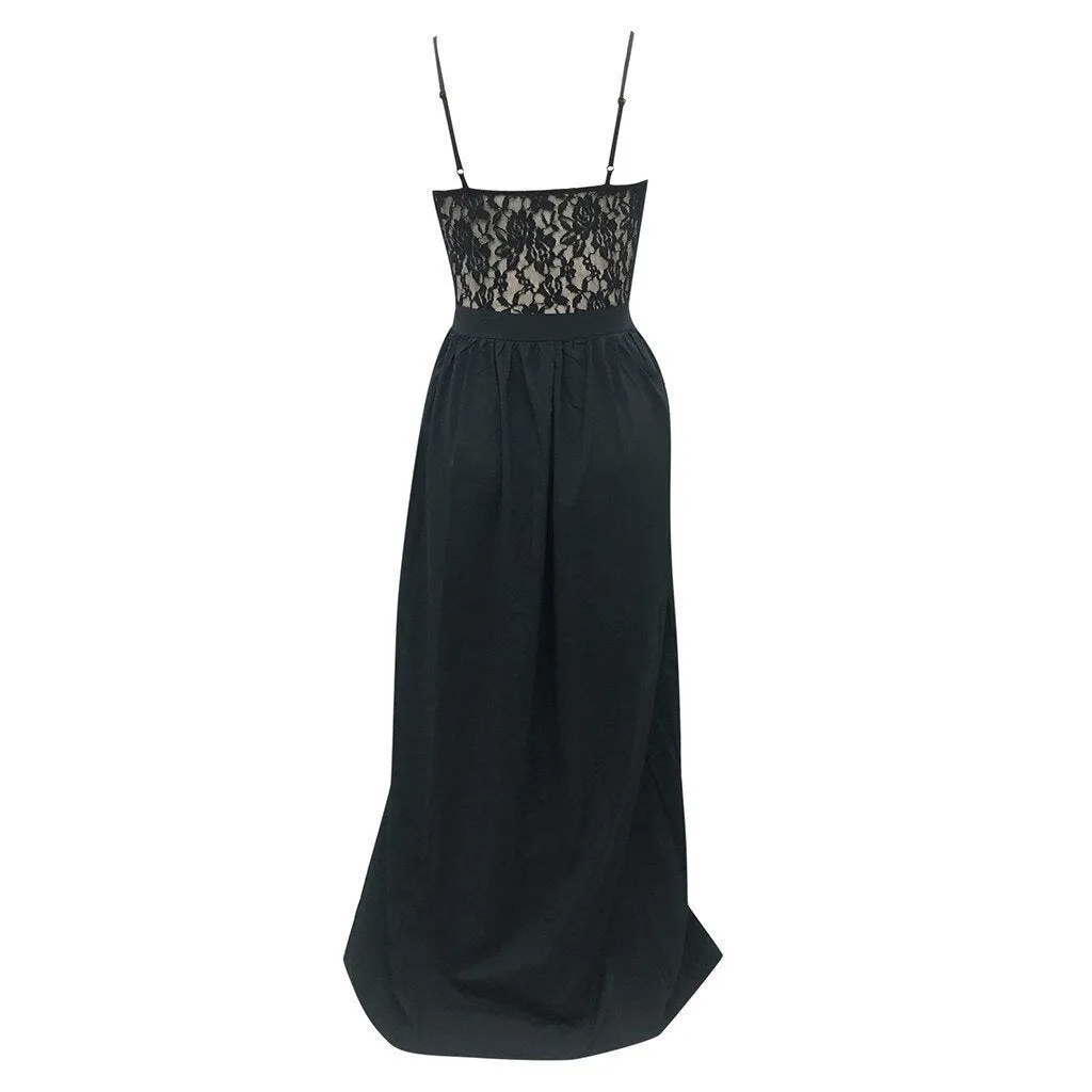 Dark Green Spaghetti Straps Split Front Lace Long Sleeveless Prom Dresses