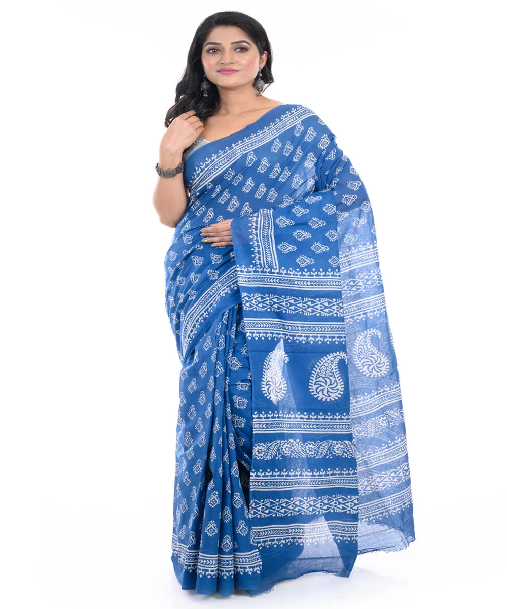 Denim blue hand block printed bengal cotton saree