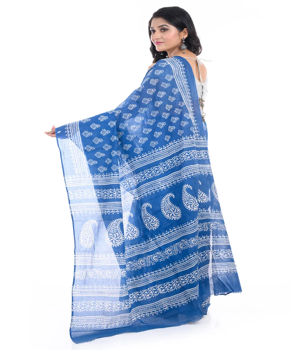 Denim blue hand block printed bengal cotton saree