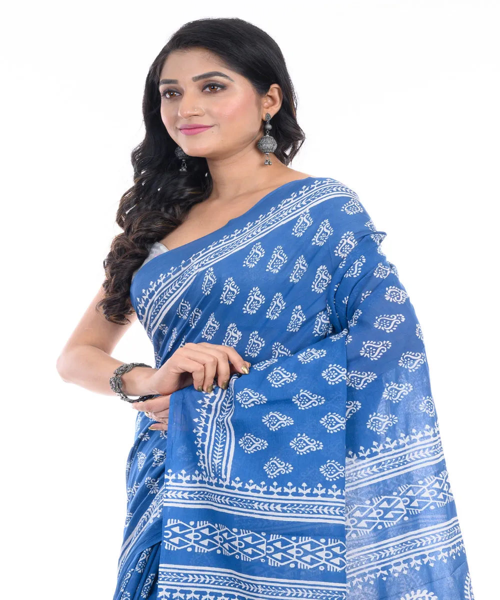 Denim blue hand block printed bengal cotton saree