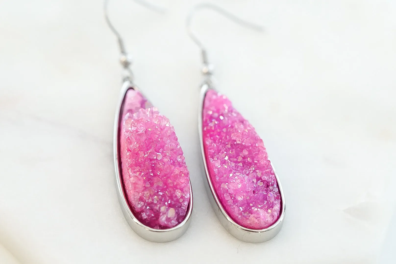 Druzy Collection - Silver Blush Quartz Drop Earrings