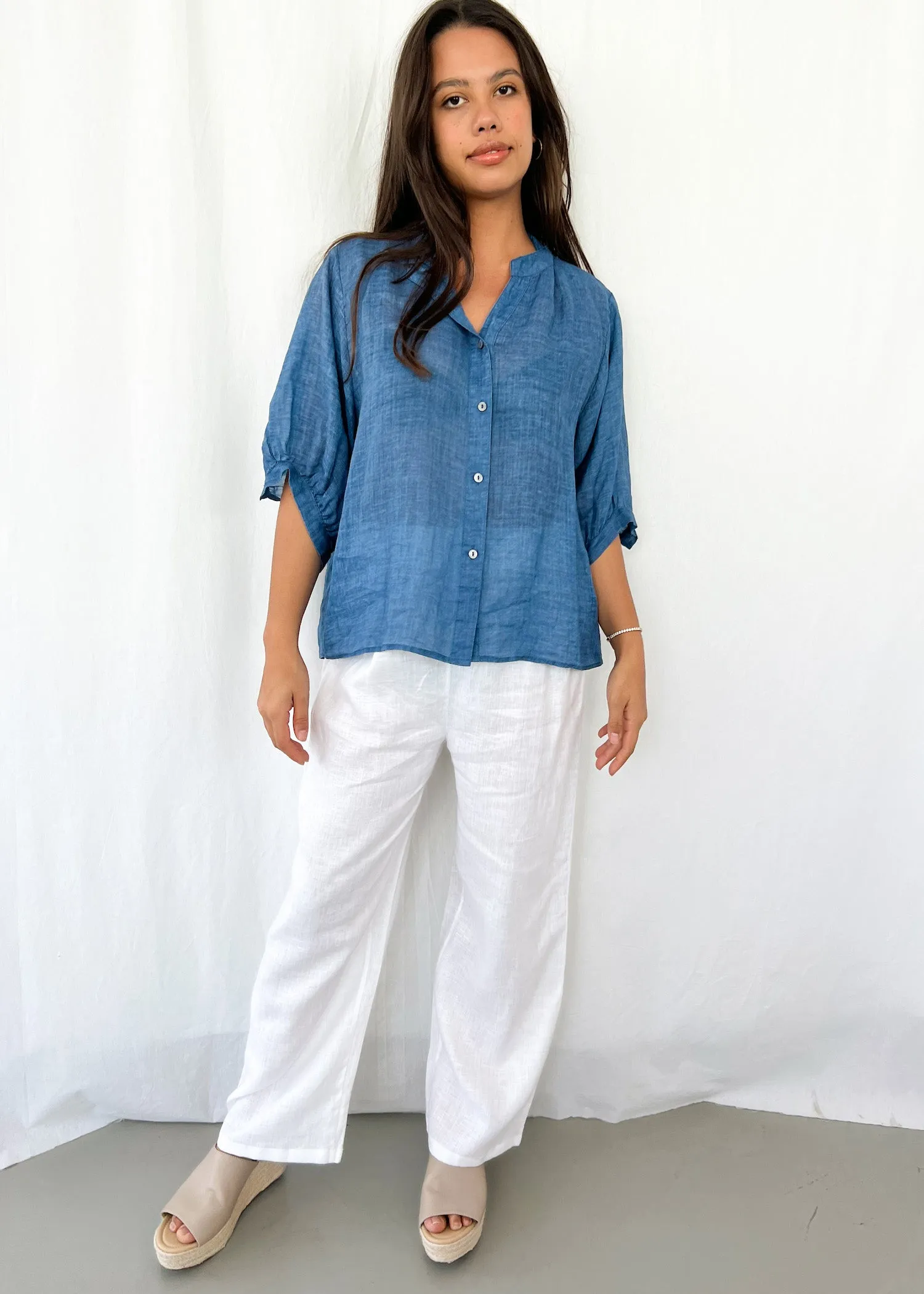 Elena Deep Blue Linen Blouse