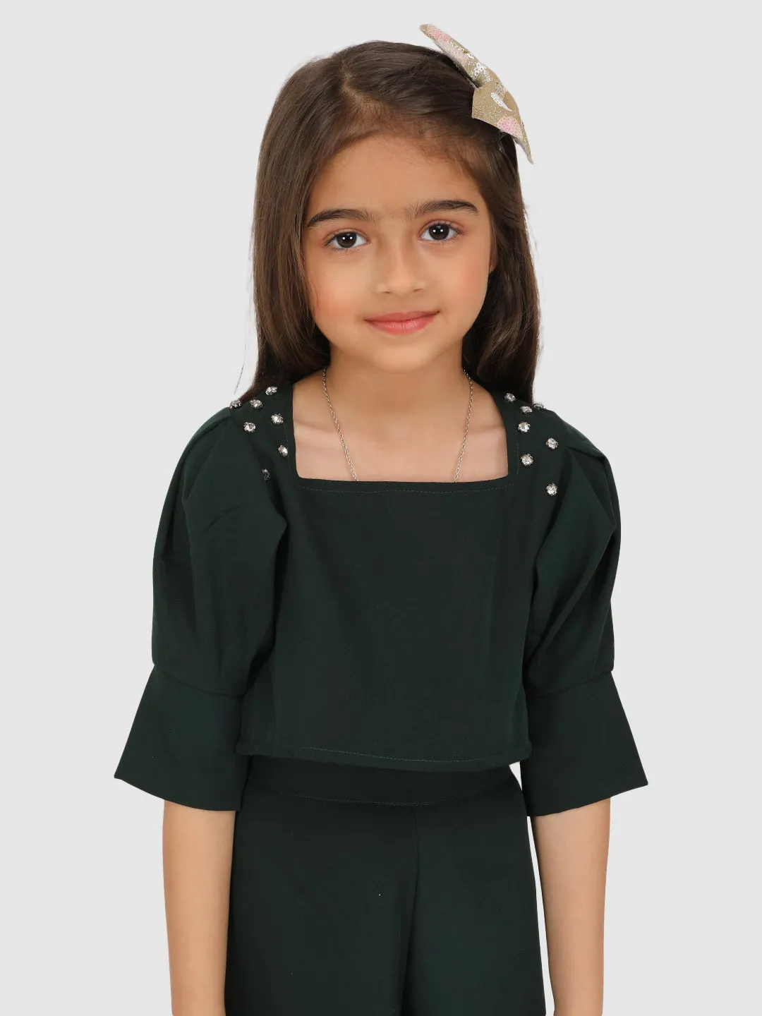 Emeblished with diamonds shoulder pleated sleeve Top & Pant -Bottle Green