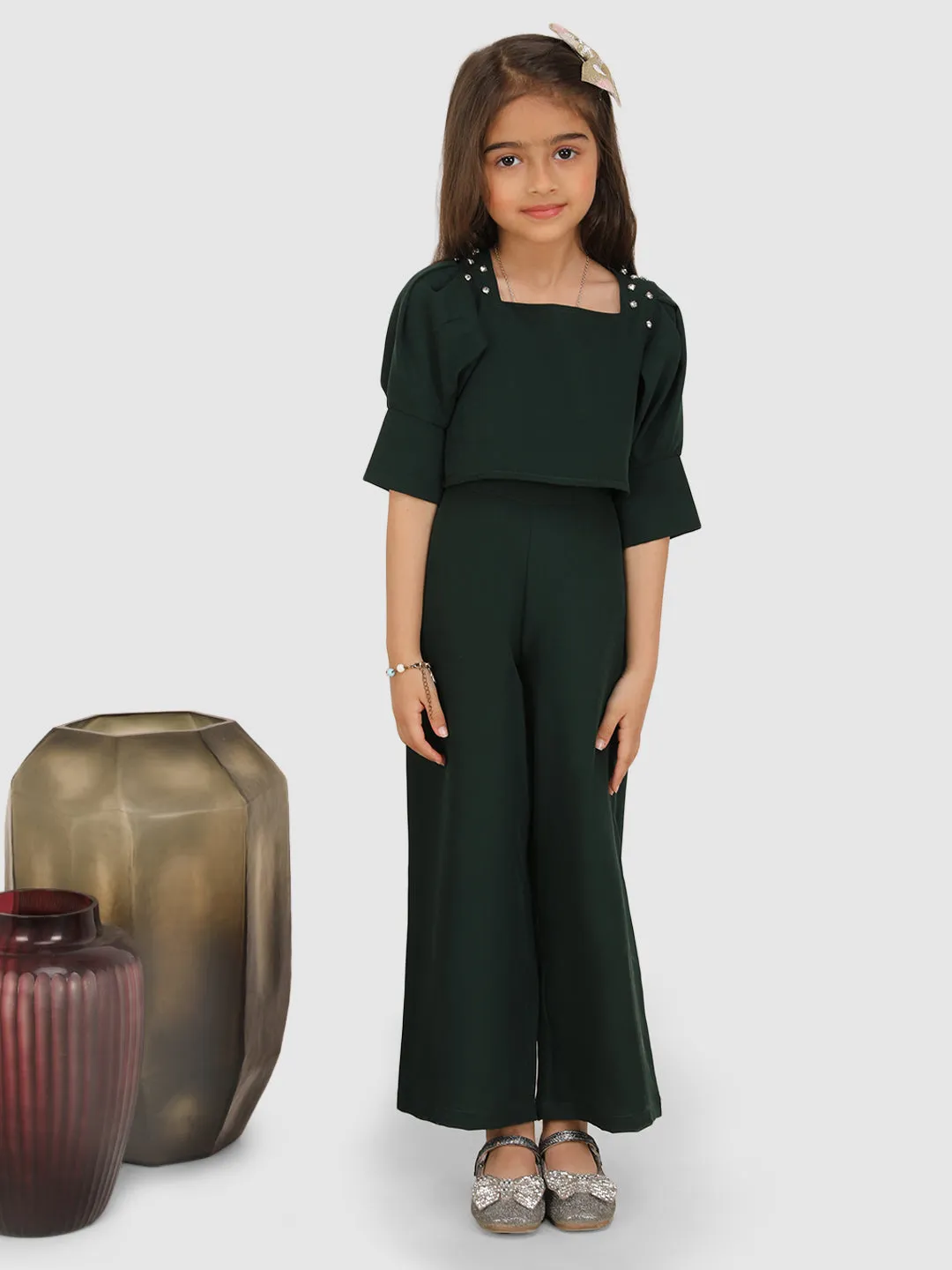 Emeblished with diamonds shoulder pleated sleeve Top & Pant -Bottle Green