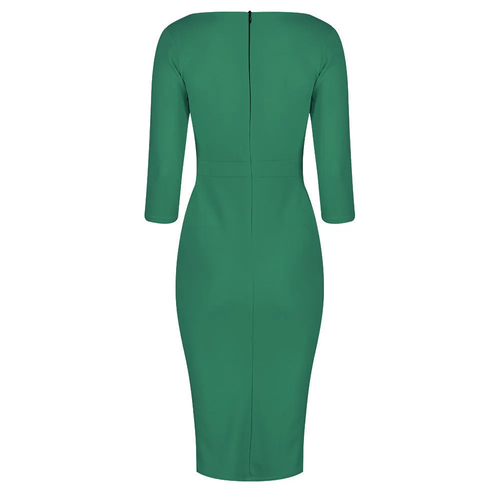 Emerald Green 3/4 Sleeve Pleated Bodycon Pencil Dress