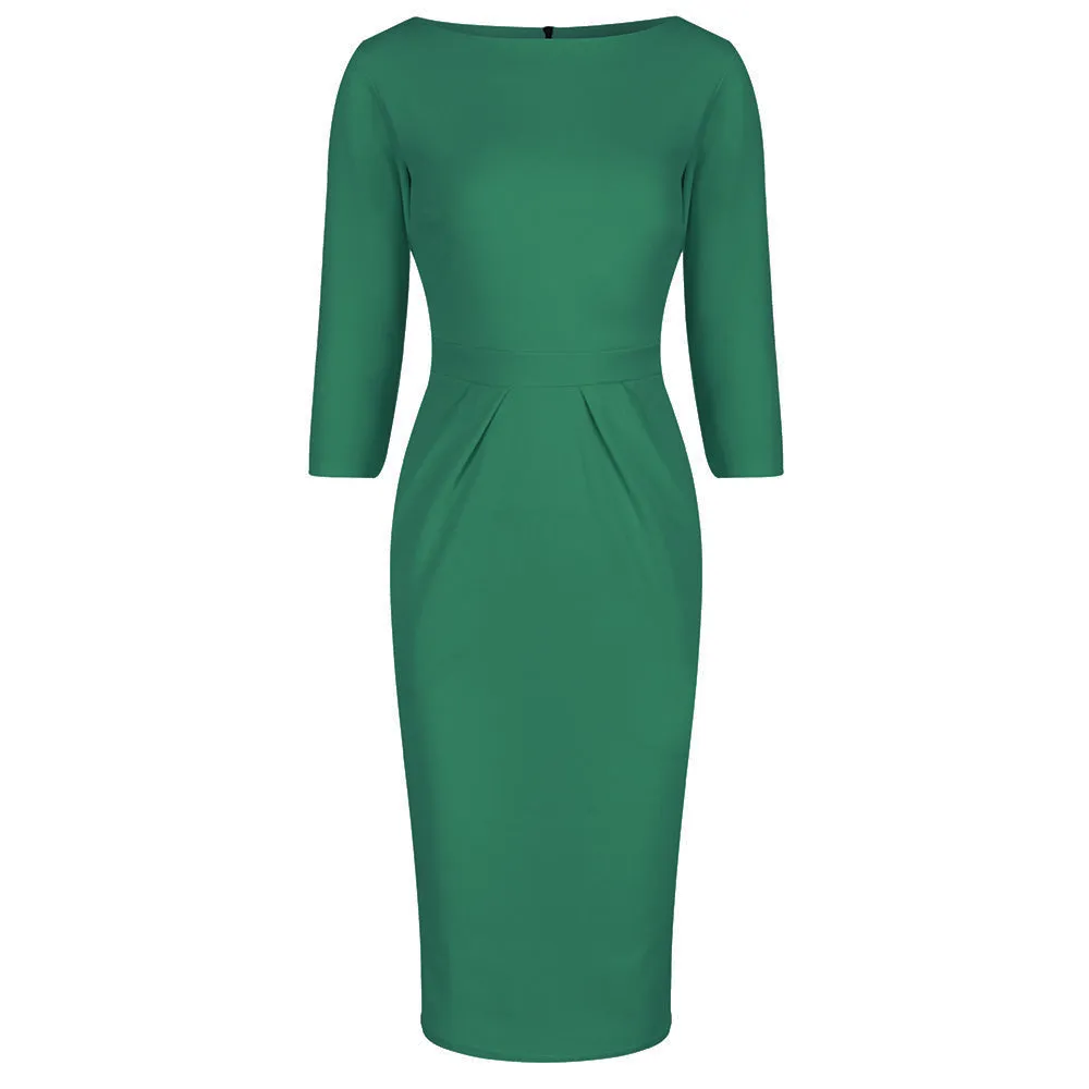 Emerald Green 3/4 Sleeve Pleated Bodycon Pencil Dress