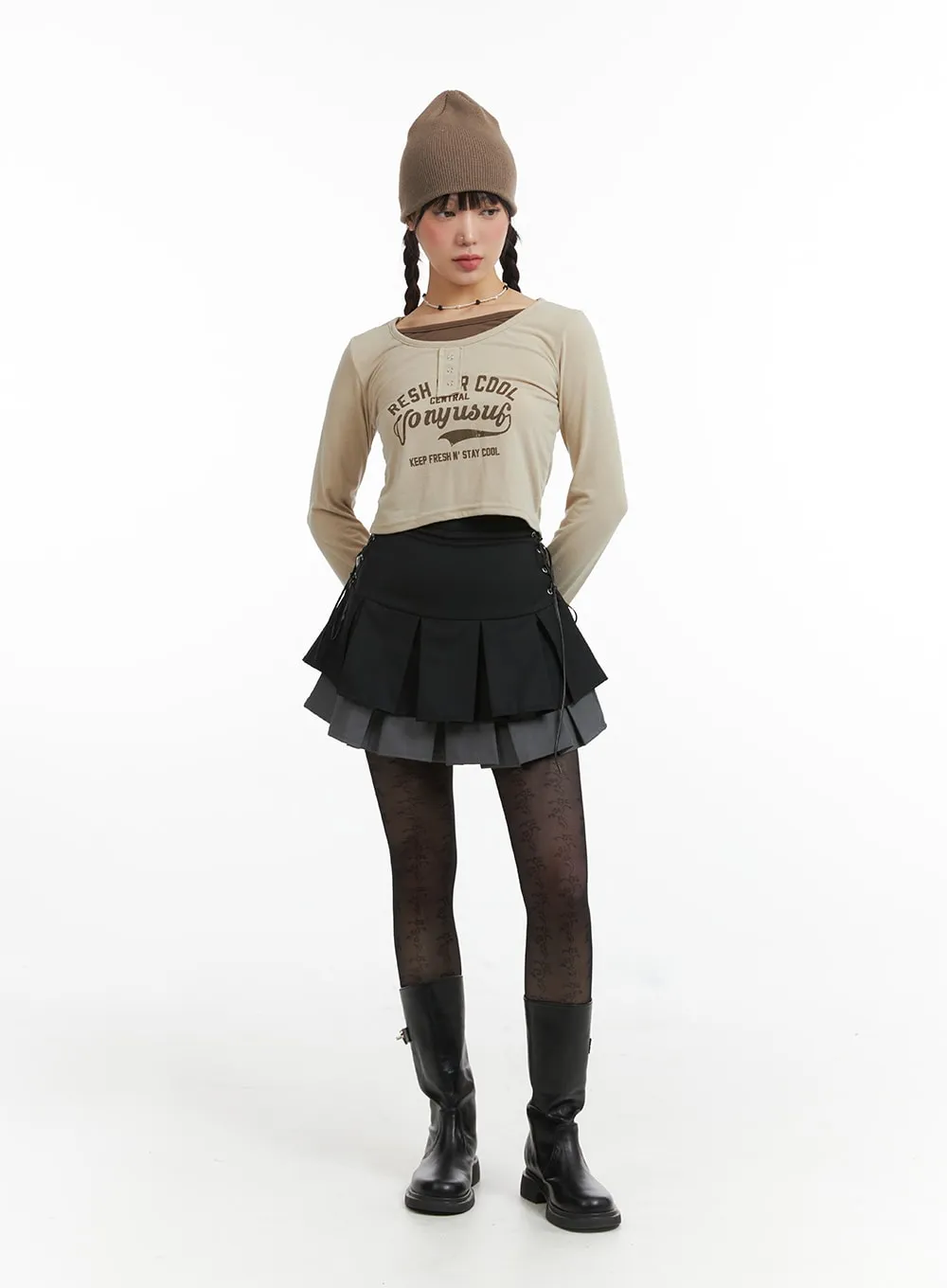 Fake Two-Piece Graphic Lettering Crop Long Sleeve Top IJ411