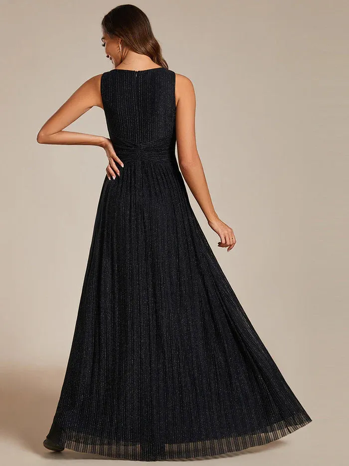 Glittery Pleated Empire Waist Sleeveless Formal Evening Dress