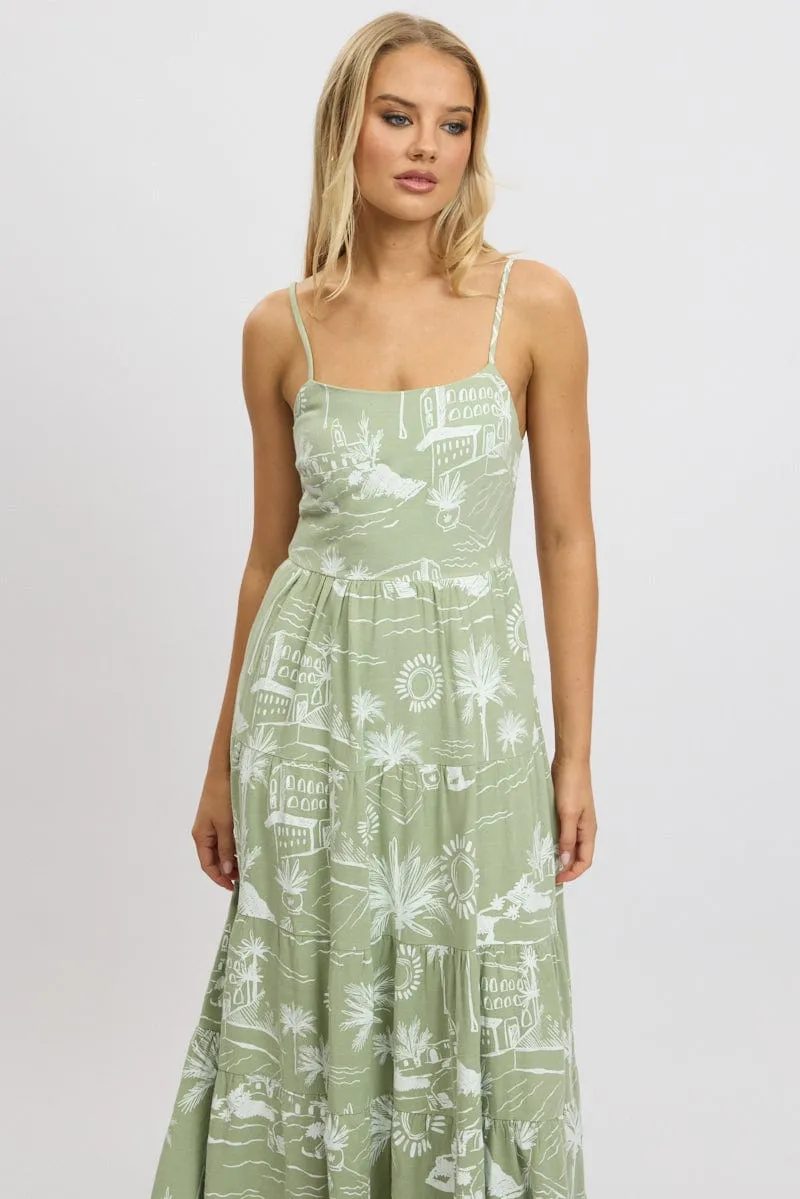 Green Abstract Maxi Dress Tiered Strappy