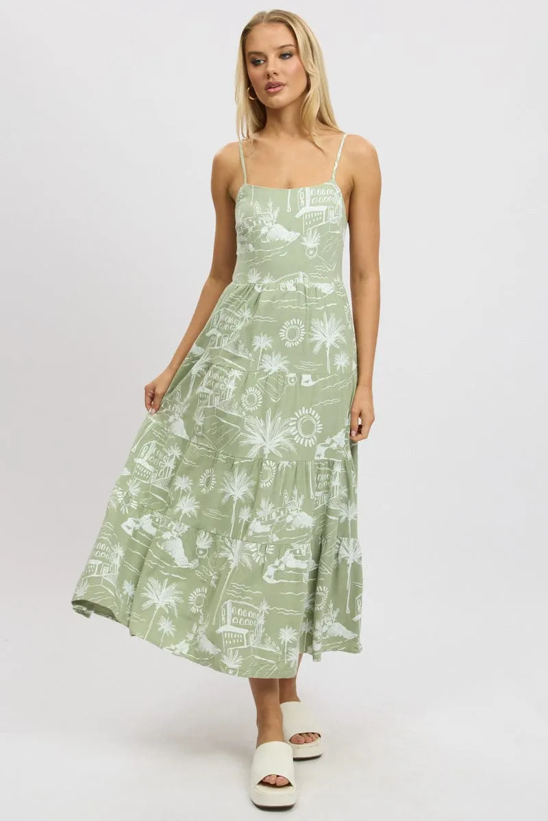 Green Abstract Maxi Dress Tiered Strappy