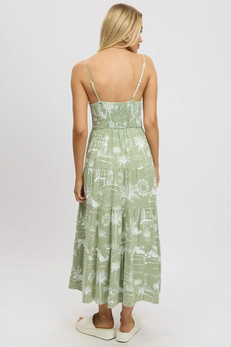 Green Abstract Maxi Dress Tiered Strappy