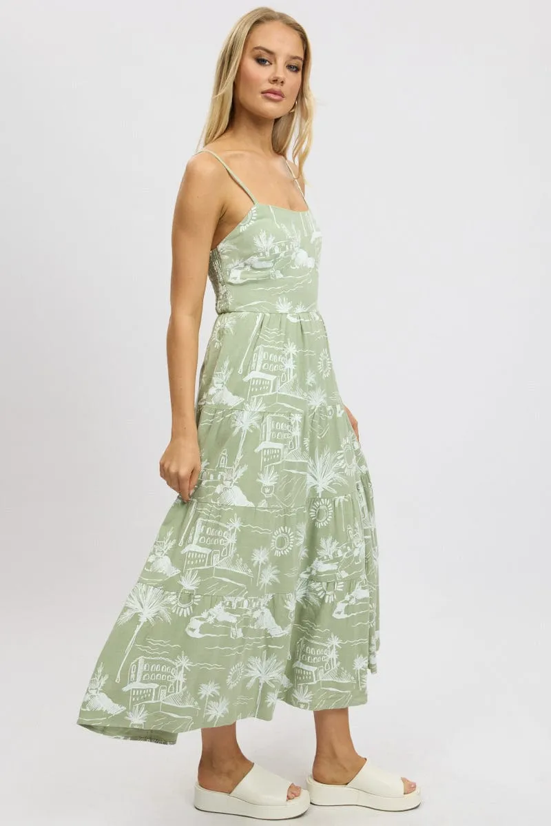 Green Abstract Maxi Dress Tiered Strappy