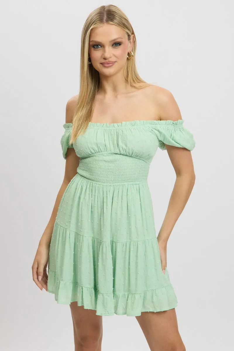 Green Fit And Flare Dress Puff Sleeve Mini