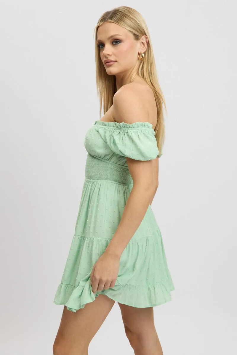 Green Fit And Flare Dress Puff Sleeve Mini