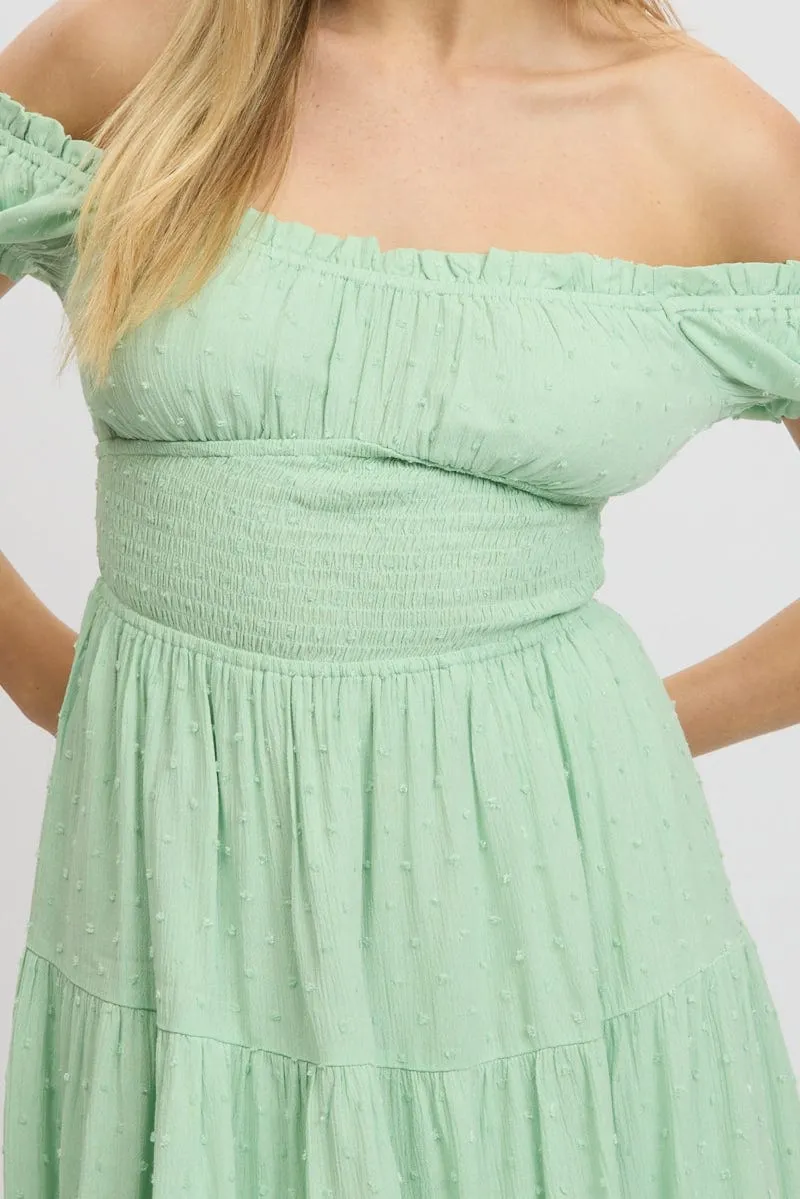 Green Fit And Flare Dress Puff Sleeve Mini