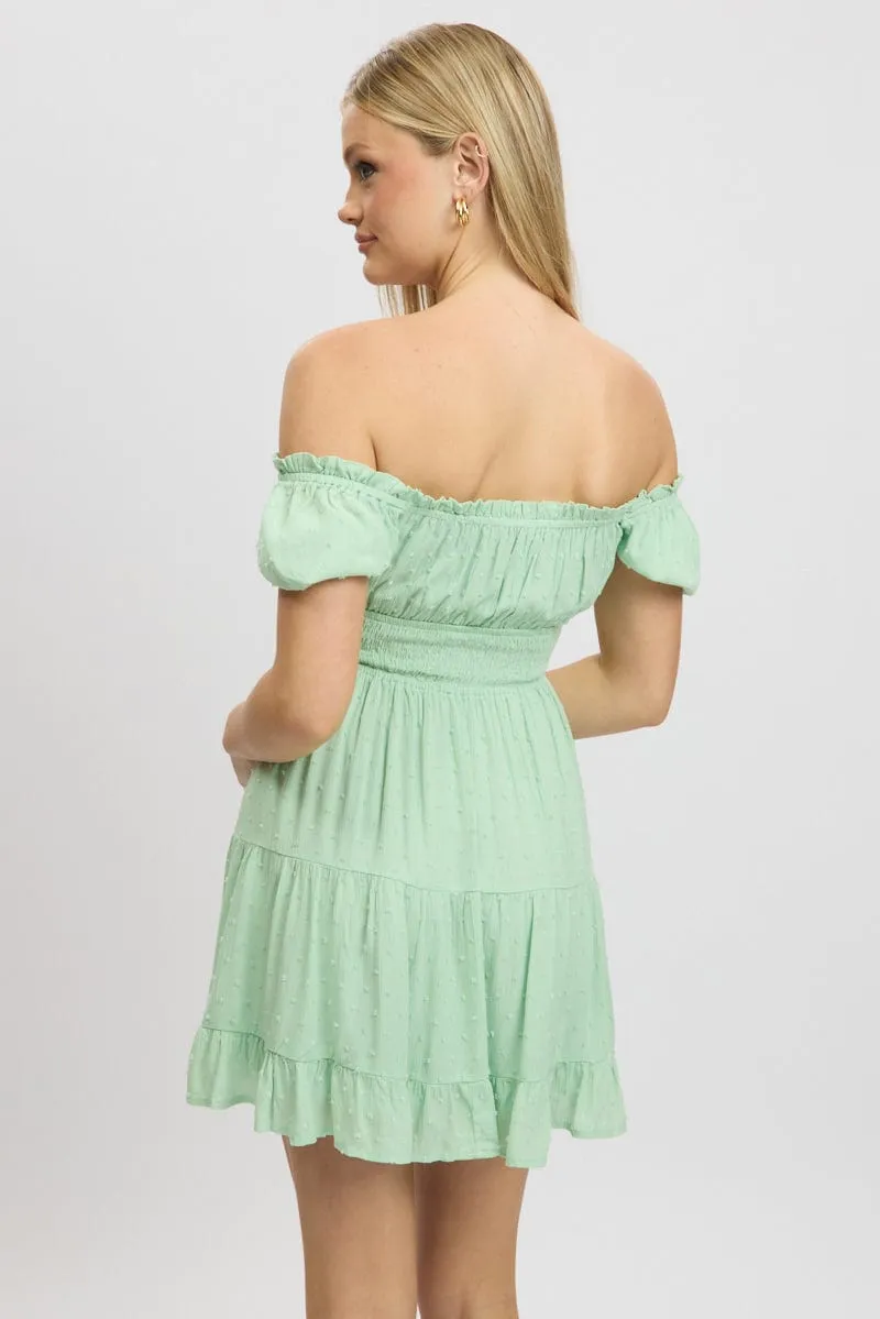 Green Fit And Flare Dress Puff Sleeve Mini