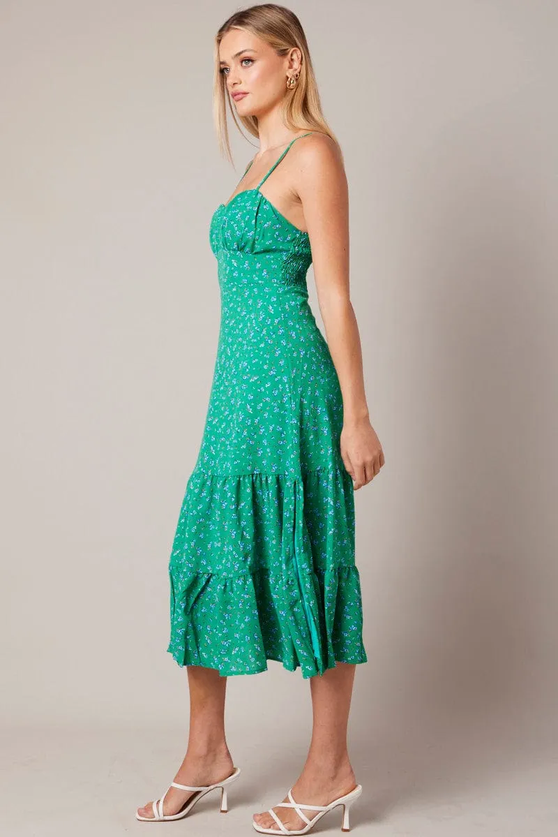 Green Floral Midi Dress Strappy