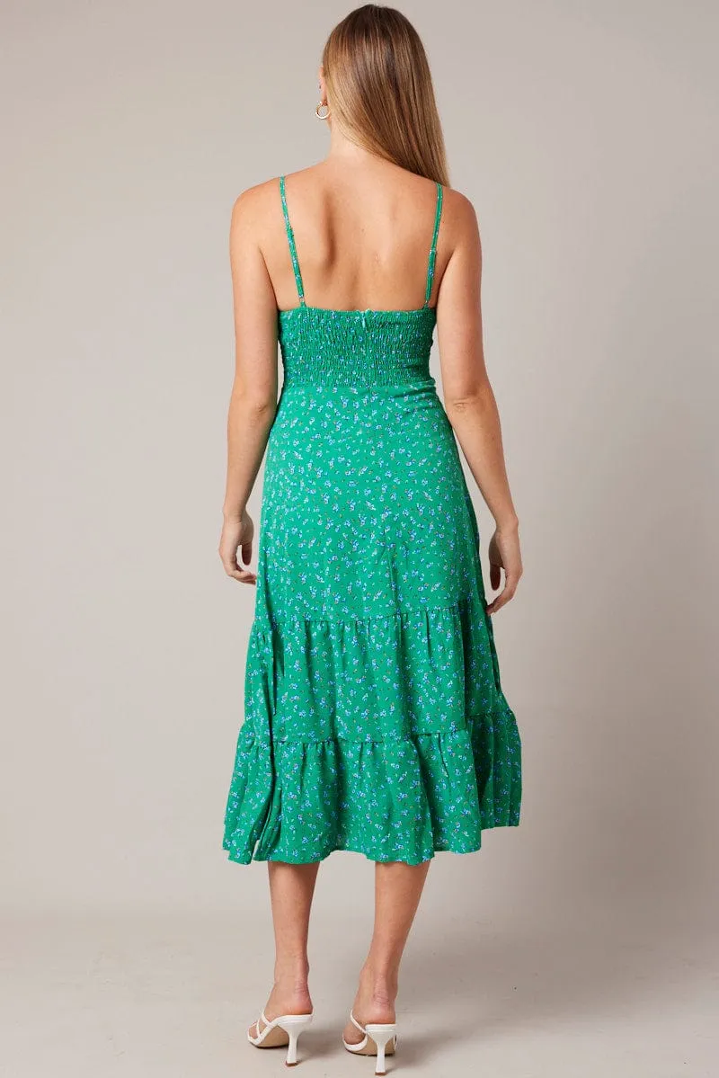 Green Floral Midi Dress Strappy