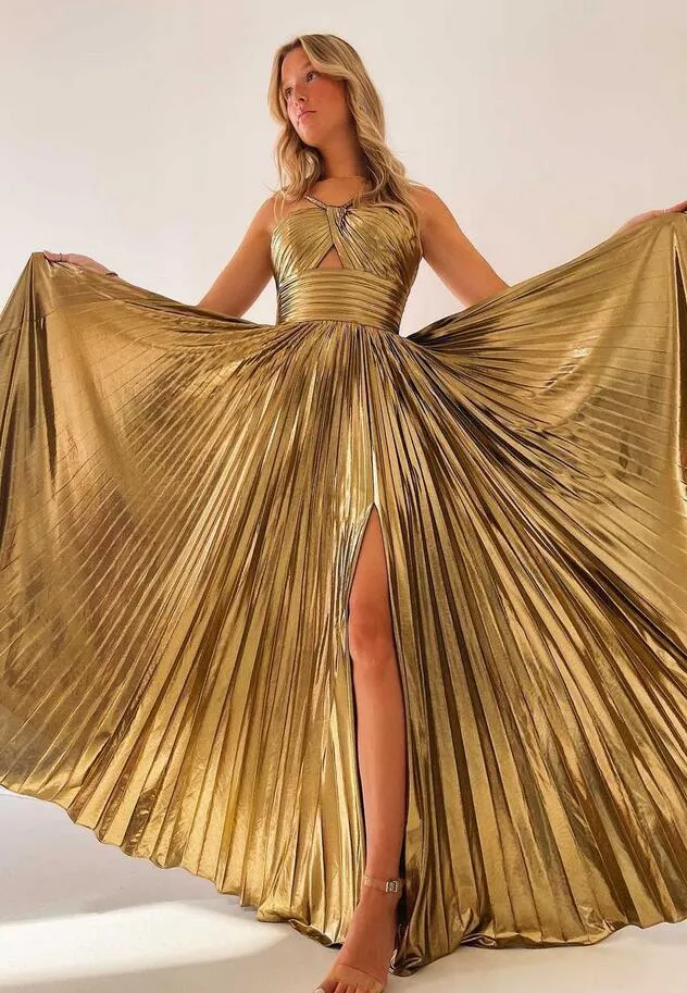 Key Hole Metallic Pleated Long Prom Dress with Slit PC1330