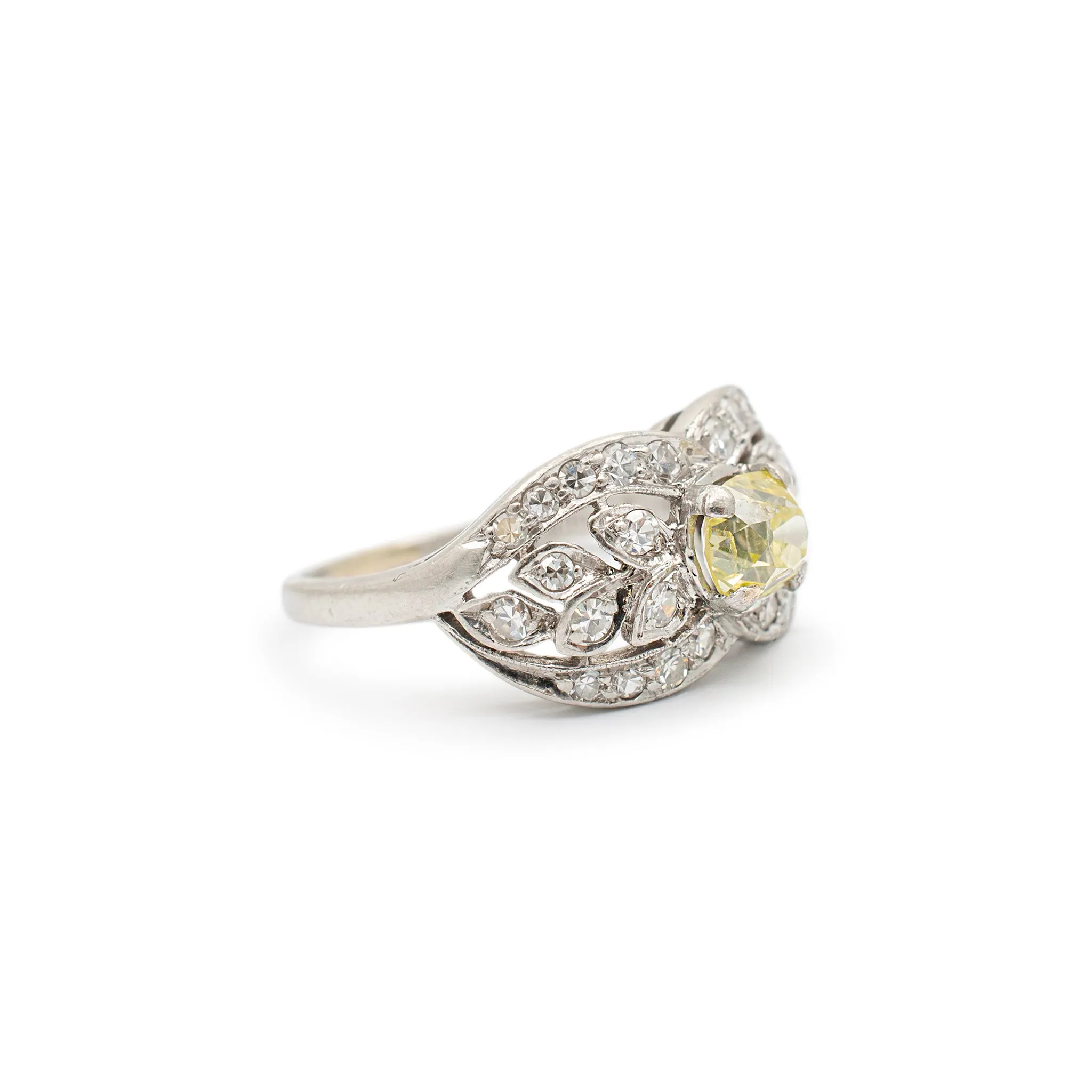 Ladies Antique Art Deco Platinum Filigreed Gia Fancy Greenish Yellow Diamond Cocktail Engagement Ring