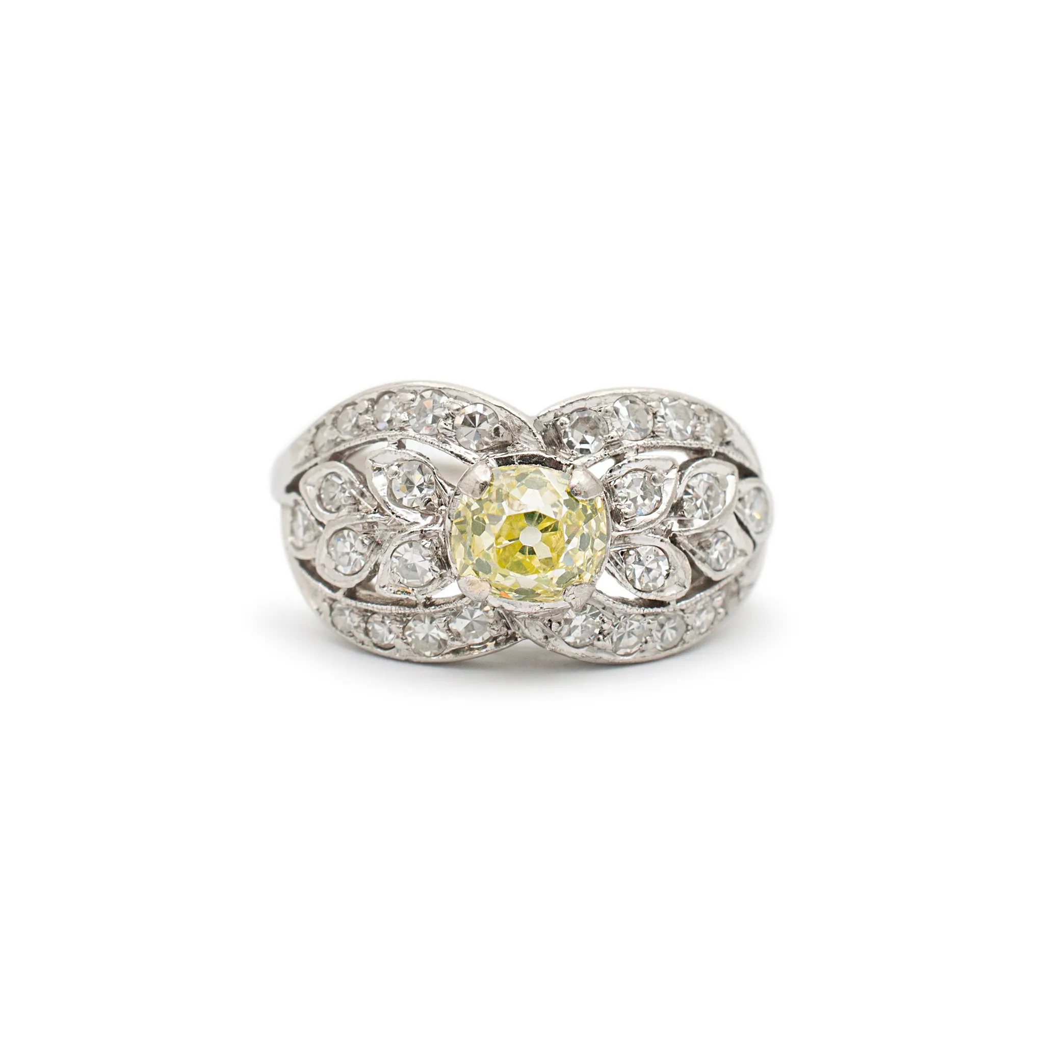 Ladies Antique Art Deco Platinum Filigreed Gia Fancy Greenish Yellow Diamond Cocktail Engagement Ring