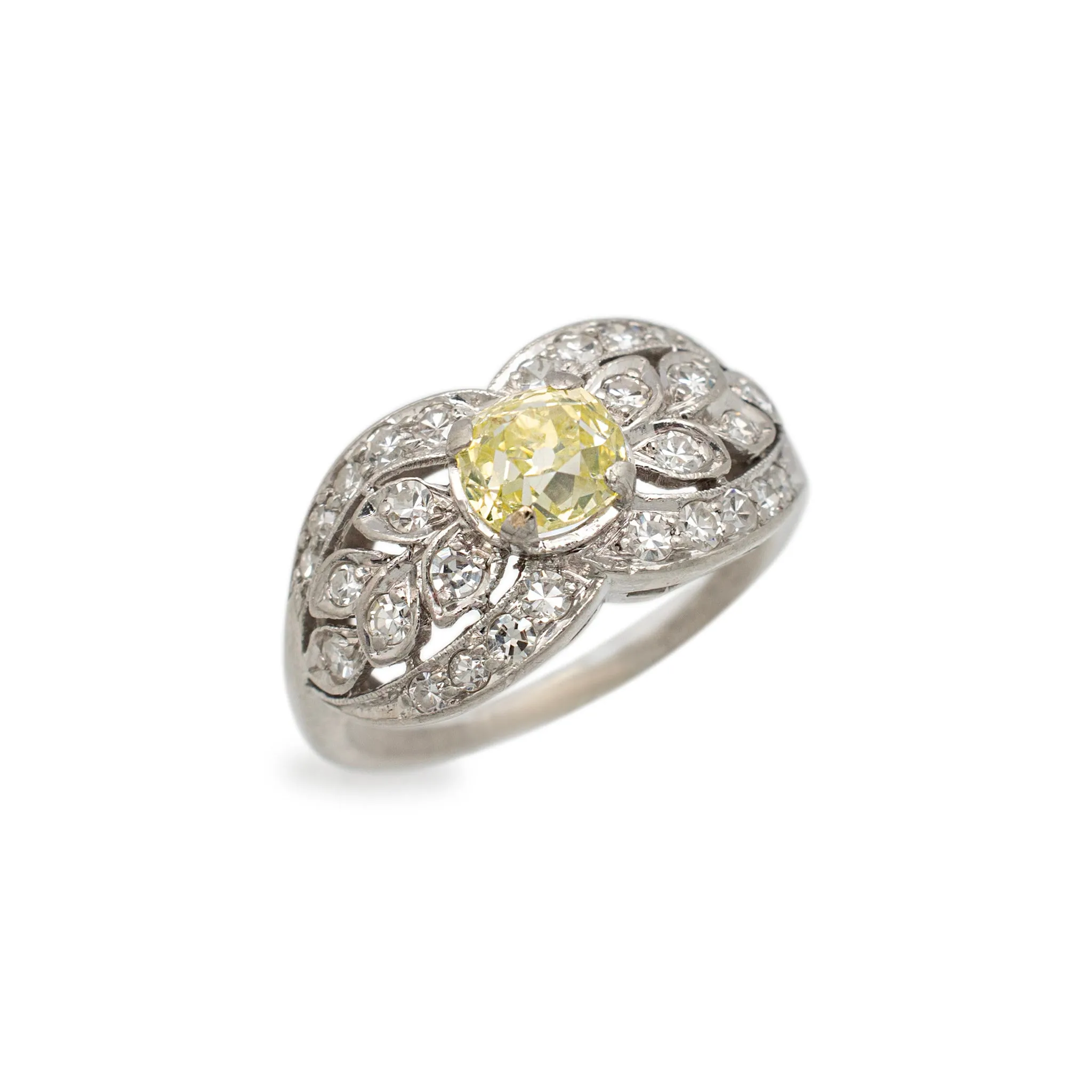 Ladies Antique Art Deco Platinum Filigreed Gia Fancy Greenish Yellow Diamond Cocktail Engagement Ring