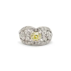 Ladies Antique Art Deco Platinum Filigreed Gia Fancy Greenish Yellow Diamond Cocktail Engagement Ring